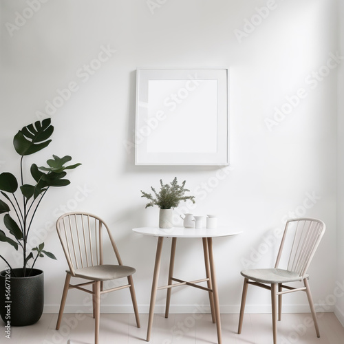 White interior in scandinavian style with two chairs  a table and a poster on the wall. Generative Ai