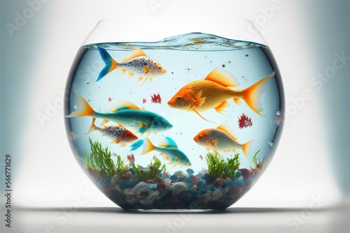  a fish bowl filled with lots of different types of fish in it s aquarium tank with water and rocks below it  on a light blue background.  generative ai