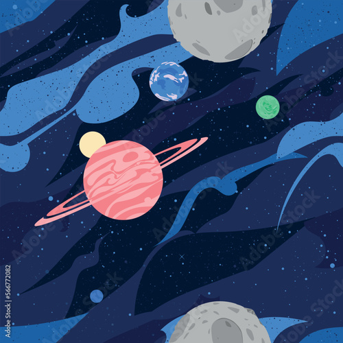 Fantasy Universe seamless pattern background with planets in front