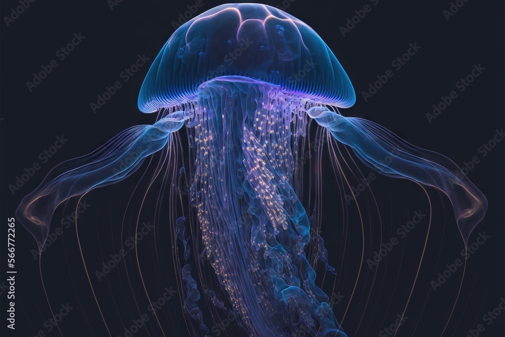 a blue jellyfish floating in the water with a black background and a ...