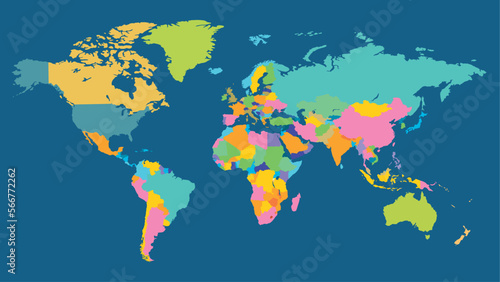 Colored world map. Political maps, colourful world countries and country names. Geography politics map, world land atlas or planet cartography vector illustration 10 eps. photo