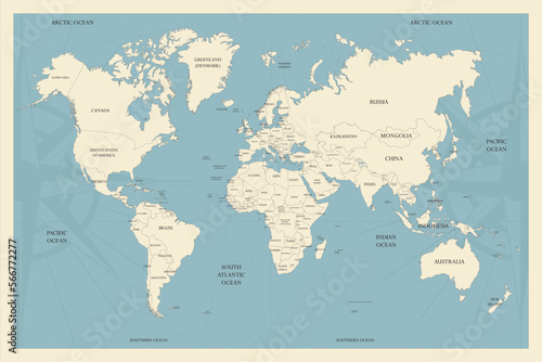 Textured vintage world map. Vector 10 eps. English US language.