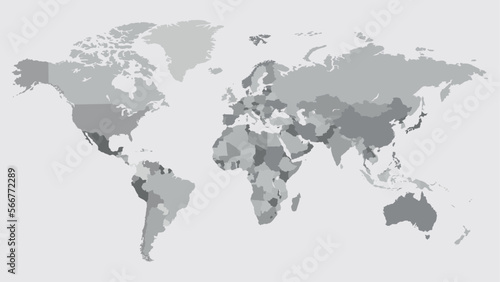 Highly detailed world map with labeling. Grayscale vector illustration 10 eps.