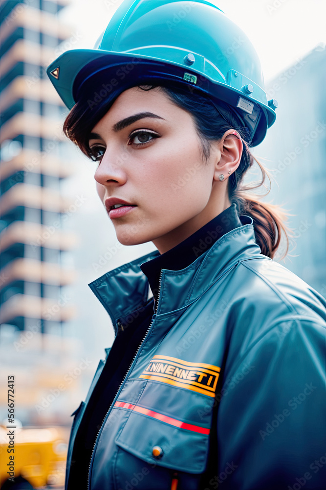 A Fictive person. Portrait of a woman wearing a hard hat and a blue jacket is standing in front of a building with a construction helmet on, engineer at building site. Generative AI A Fictive person. Portrait of a woman wearing a hard hat and a blue jacket is standing in front of a building with a construction helmet on, engineer at building site. Generative AI