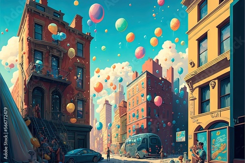  a painting of a city street filled with lots of balloons flying in the air over a street with people and cars on it and buildings.  generative ai © Anna