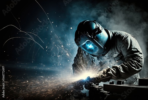 illustration of welder is welding metal , industry them bokeh and sparkle background, Generative Ai
 photo
