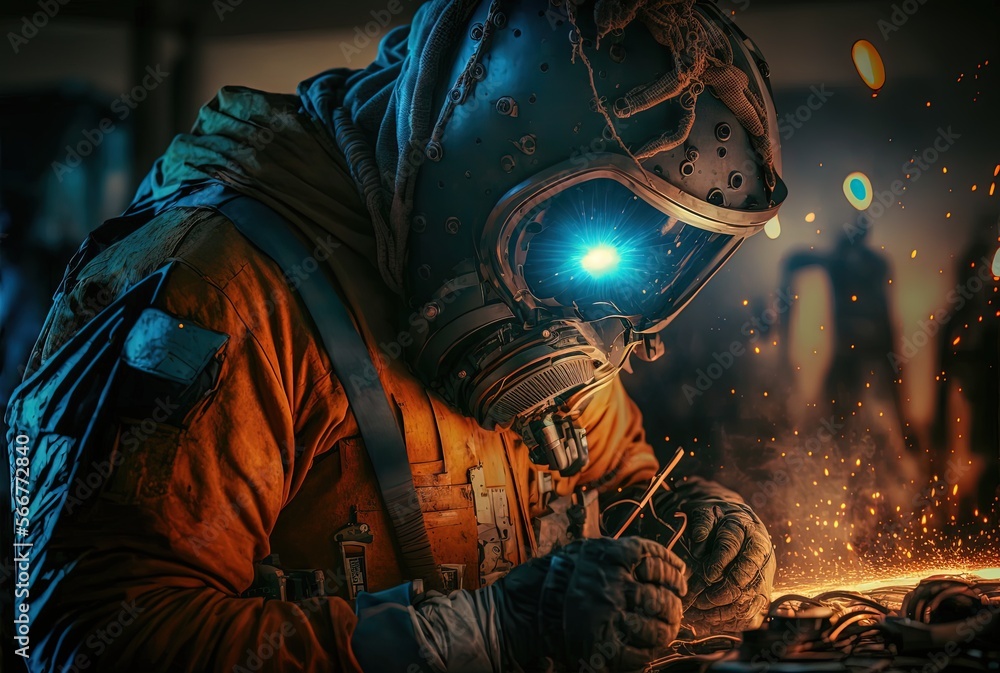 illustration of welder is welding metal , industry them bokeh and sparkle background	

