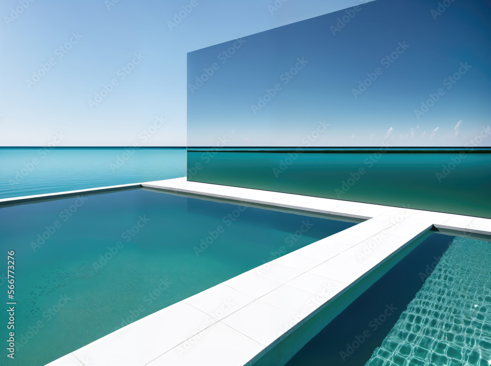 Fototapeta premium Luxury house with terrace and swimming pool on sea view background. Abstract minimalist architecture. Generative Ai