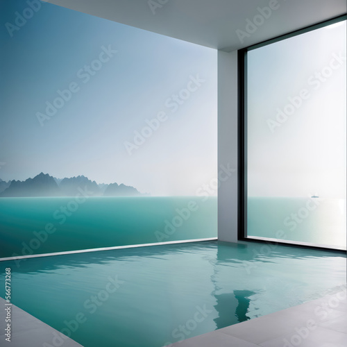 Luxury house with terrace and swimming pool on sea view background. Abstract minimalist architecture. Generative Ai