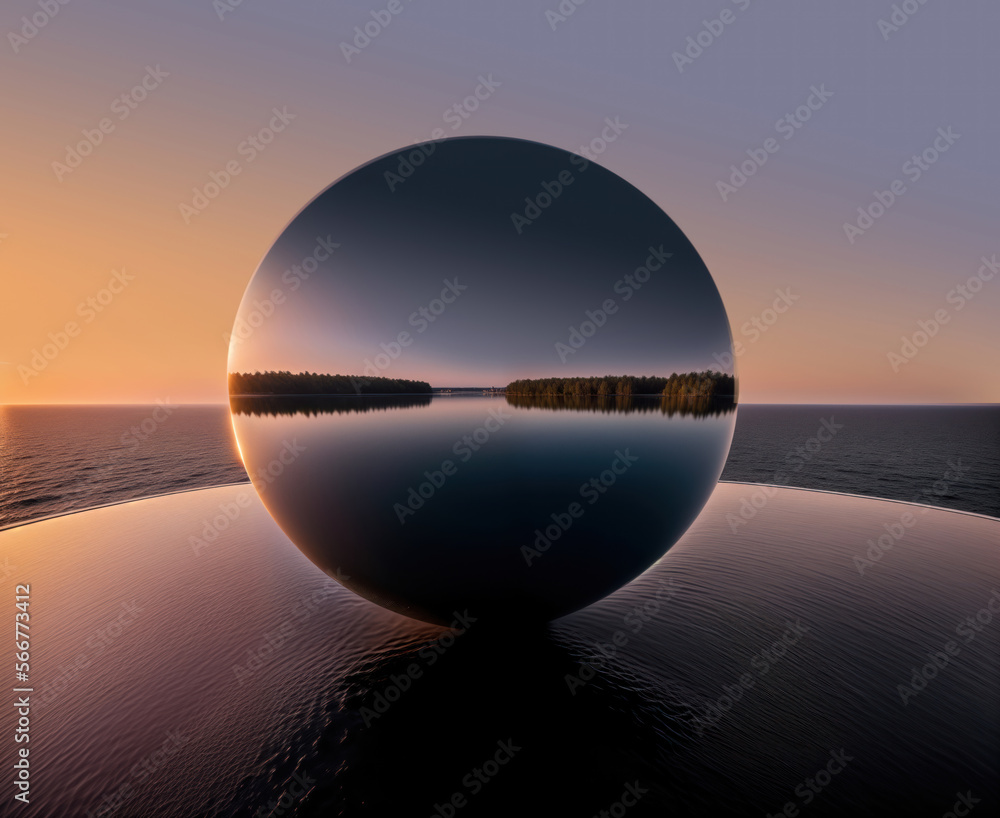 Abstract minimalist background, landscape with mirror sphere in the water. Futuristic wallpaper. Generative Ai Abstract minimalist background, landscape with mirror sphere in the water. Futuristic wallpaper. Generative Ai
