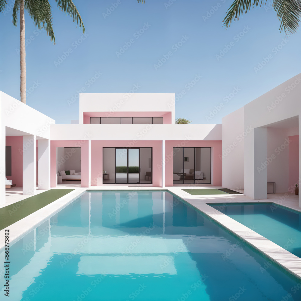 Luxury house with terrace and swimming pool. Abstract minimalist architecture concept. Generative Ai
