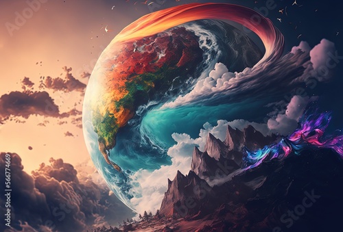 vivid colorful earth planet on ground, idea concept for imagination and optimistic bright side of this world, Generative Ai 
