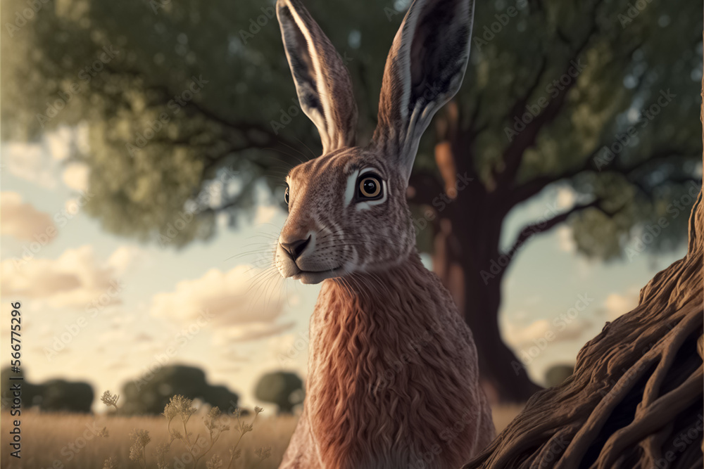 Hare close up view. Wild animal. Front view of hare. Natural habitat. Hare stands in the grass and looking away. generative AI
