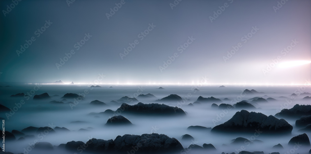 Fototapeta premium Dramatic mystic foggy landscape with rocky seashore. Panoramic wallpaper. Generative Ai
