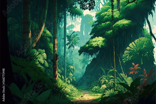  a painting of a jungle scene with a path through the trees to the waterfall and a forest with lots of tall trees and plants on either side of the path.  generative ai