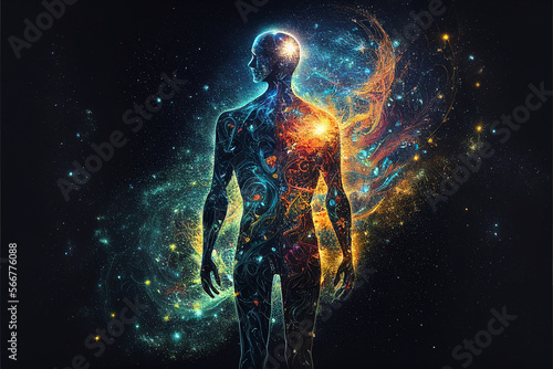 Astral body silhouette with abstract space background. Esoteric, spiritual life and meditation concept. Afterlife and connection with other worlds. Created with Generative AI