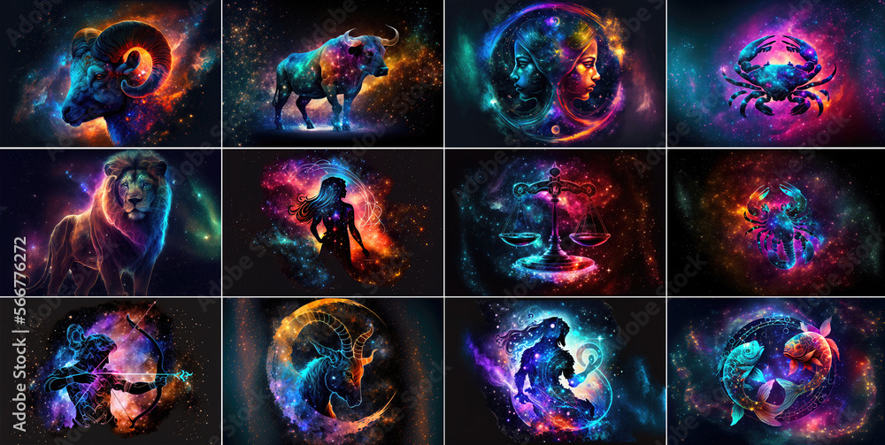 Set of zodiac signs against space nebula background. Astrology calendar. Esoteric horoscope and fortune telling concept. Created with Generative AI