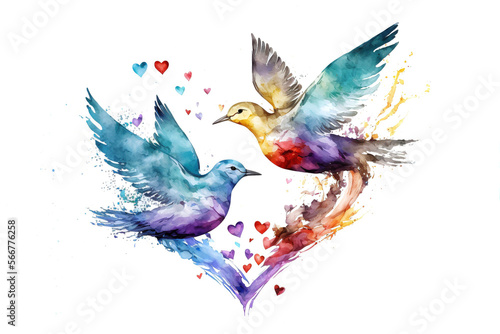 Two lovely birds in the form of heart. Valentine watercolor art. AI Generative © Agnes