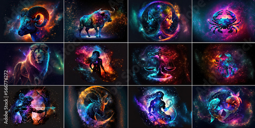 Set of zodiac signs against space nebula background. Astrology calendar. Esoteric horoscope and fortune telling concept. Created with Generative AI photo
