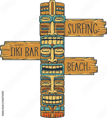 Design of trendy hawaii wooden tiki mask for surfing bar. Traditional ethnic idol and hawaiian surf pointer, maori or polynesian. Old tribal totem
