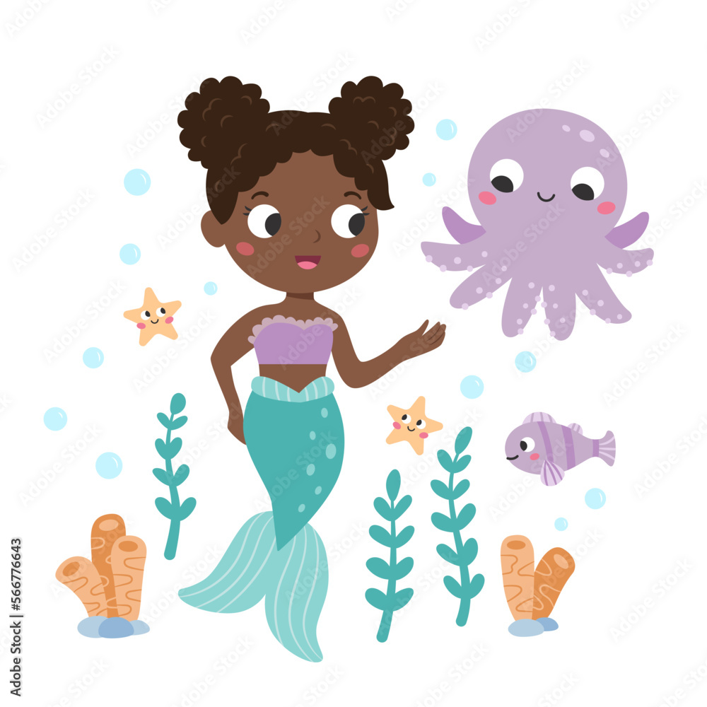Beautiful mermaid with octopus, fish and starfish. Cute fairy tale characters. Underwater life. Cartoon children's style. Flat vector illustration. - obrazy, fototapety, plakaty 
