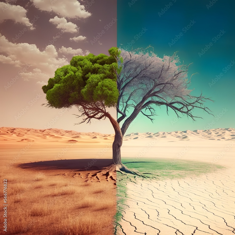 Beautiful green grass field with a tree and a desert with dead earth