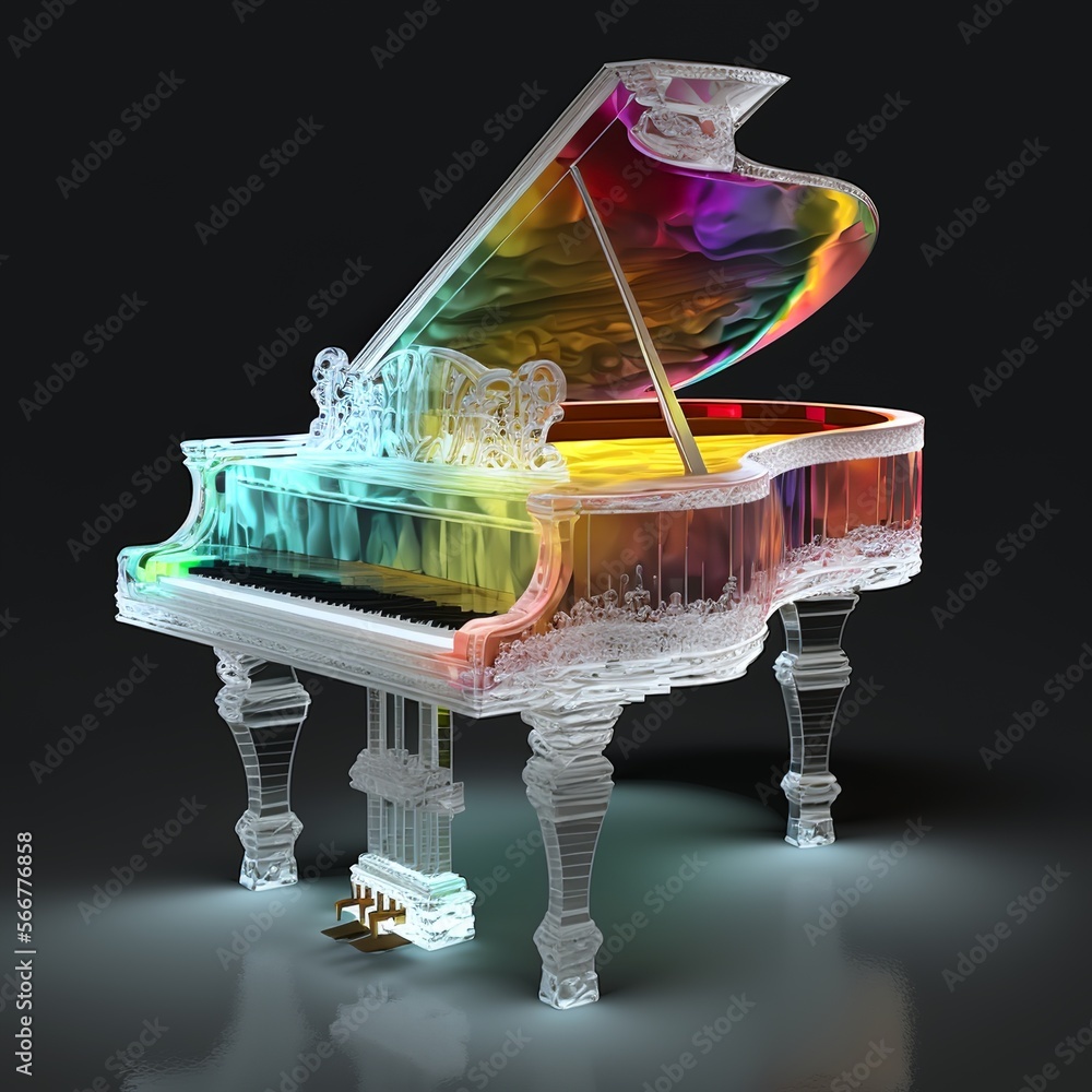 colored piano made of ice sculpture, detailed elaboration ice cold