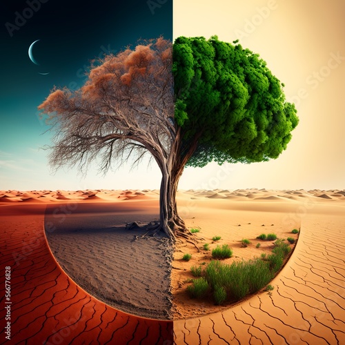 Beautiful green grass field with a tree and a desert with dead earth and dry grass. Global warming, concept. Half the tree is alive and dead fragmented canopy dried up lush foliage  Generative AI photo