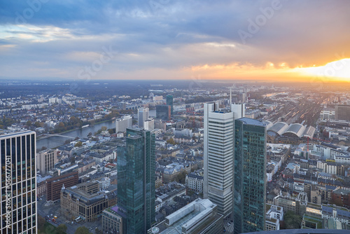 Aerial view at sunset of the city of Frankfurt in Germany.