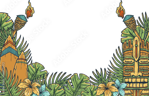 Surfing tiki mask hawaii surf for trendy bar. Traditional ethnic surfing of hawaiian, maori or polynesian. Design old tribal board