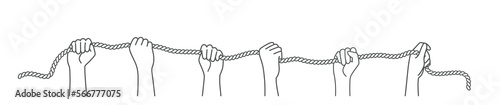 Human hands raised up hold the rope.