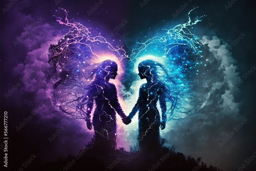 a couple of people standing next to each other in front of a sky filled ...