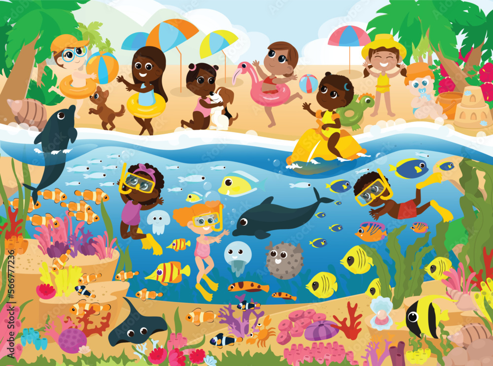Fototapeta premium Tropical beach and the underwater world of the ocean. Children and fish swim near the water and have fun playing on the shore. Illustration for printable children's puzzles.