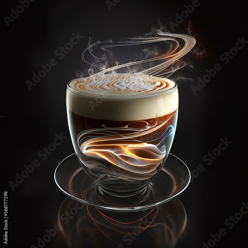 hot cappuccino in a glass cup, creamy, futuristic realistic warm cacao whipped cream chocolate drip it's steaming spoon drink barista it's steaming Generative AI