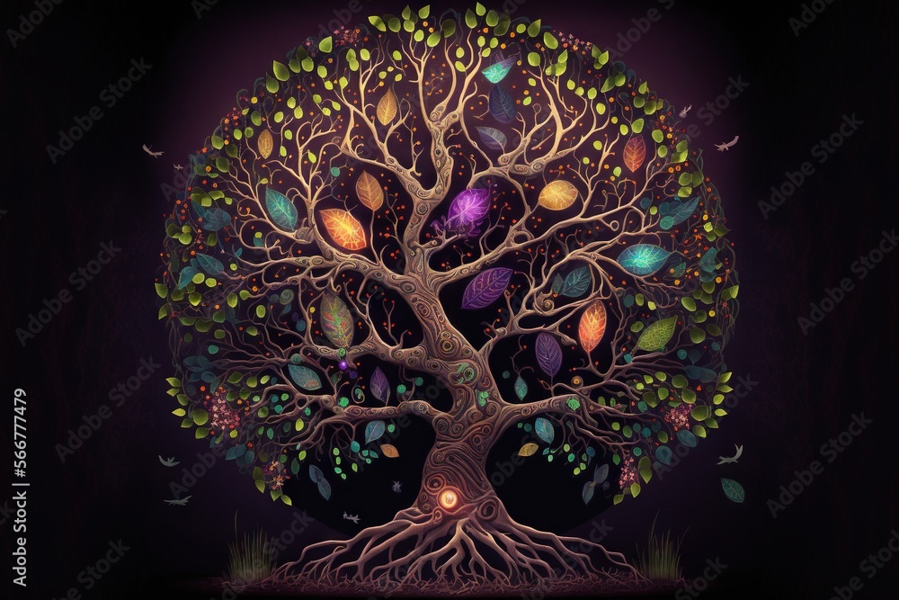 a painting of a tree with lots of leaves and a bird flying around it on ...