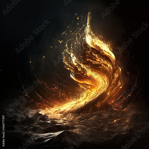 In the form of a conflagration and a torrent of glittering gold black background fire burn alloy Generativ AI