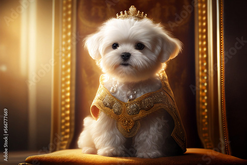 Cute maltese dog queen wearing gold crown sitting on the wooden throne