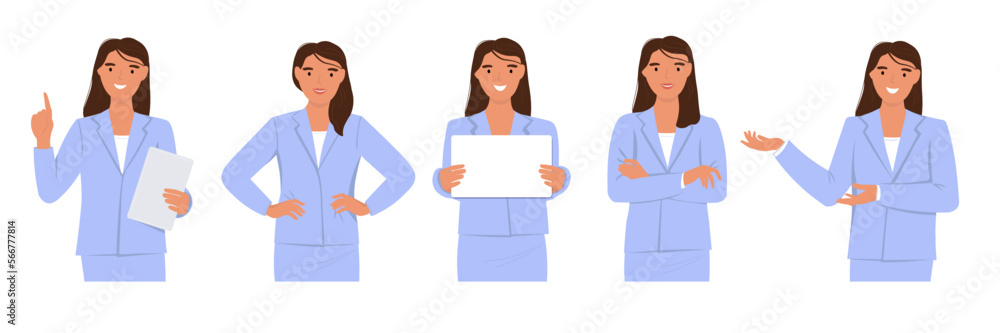A young woman in a business suit with a tablet in different poses teaches, brings information, thinks. Vector flat graphics. A young woman in a business suit with a tablet in different poses teaches, brings information, thinks. Vector flat graphics.
