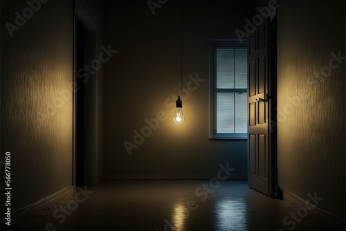  a dark room with a light bulb hanging from the ceiling and a window in the corner of the room with the light shining on the floor. generative ai