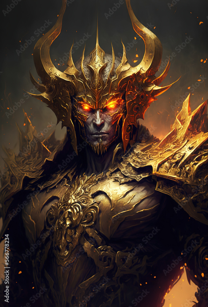 Demon king in golden armor, game character, hellfire on background, art illustration Demon king in golden armor, game character, hellfire on background, art illustration