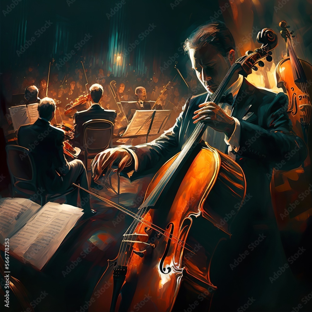 Fototapeta premium orchestra,classical,cello,trumpet,fflute,guitar,conductor,symphonic instruemntal baroque concert hall musicians music sound bass volume vocal technique Generative AI 