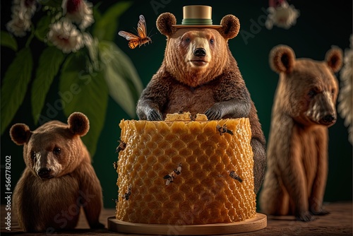  a bear sitting on top of a honeycomb next to two other bears and a beehive with a butterfly on top of it.  generative ai photo