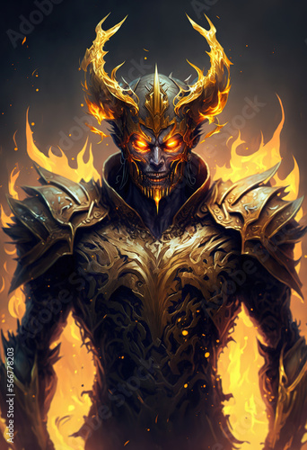 Demon king in golden armor, game character, hellfire on background, art illustration 