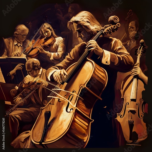 orchestra,classical,cello,trumpet,fflute,guitar,conductor,symphonic instruemntal baroque concert hall musicians music sound bass volume vocal technique Generative AI 