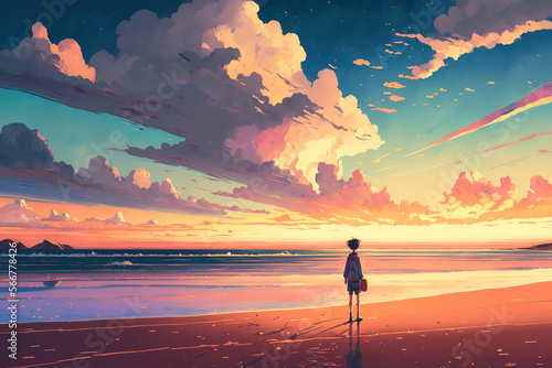 landscape, sunset time, tranquil sky, peaceful, wide angle, ocean, layered clouds, art illustration 