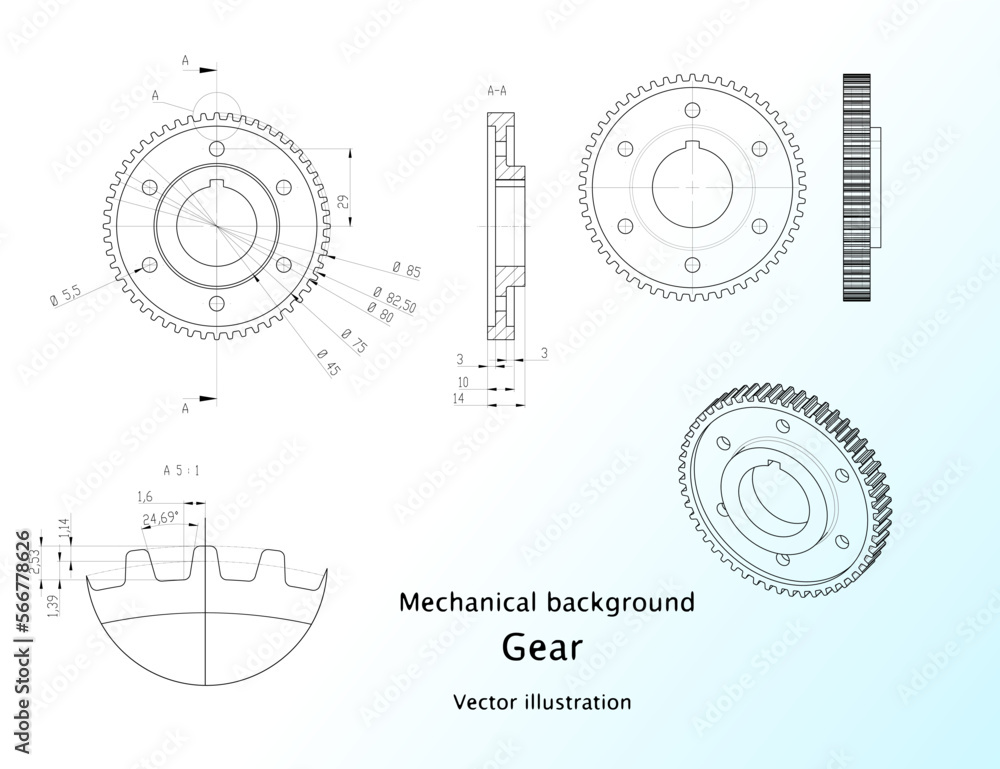 Gear. Engineering drawing. Modern mechanics blueprints. Vector