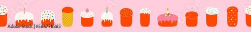 Seamless border with Easter cakes vector illustration. Easter bread collection decorated with glaze and sprinkles, light candles and eggs. Hand drawn banner 