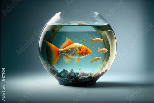  a goldfish in a bowl of water with rocks and gravel in the bottom of the bowl and a few other fish in the water.  generative ai