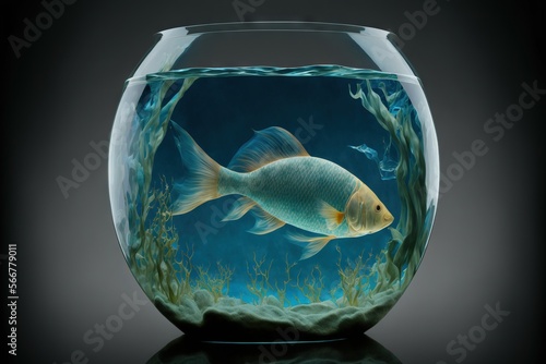  a fish in an aquarium with water and algaes in the water and a black background with a reflection of the fish in the water.  generative ai
