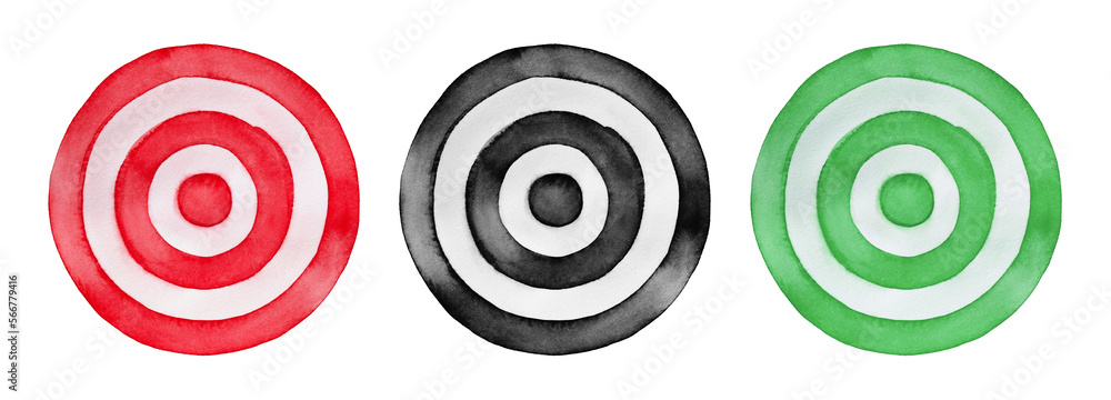 Water colour illustration collection of Paper Target Bullseye in red, black and green colors. Hand drawn watercolour painting, isolated clip art elements for design, border, card, banner, poster. Water colour illustration collection of Paper Target Bullseye in red, black and green colors. Hand drawn watercolour painting, isolated clip art elements for design, border, card, banner, poster.